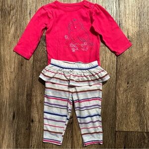 Carter’s Baby Girl 2pc Outfit 6M Pink Owl Bodysuit & Striped Ruffle Leggings